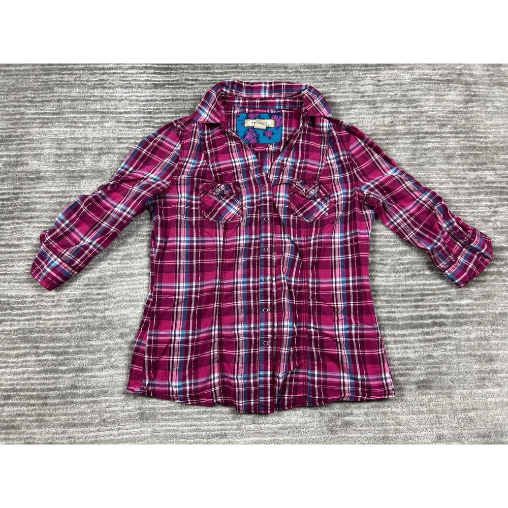 Arizona Button Down Shirt Womens L Pink Plaid Metallic 3/4 Sleeve Western Top